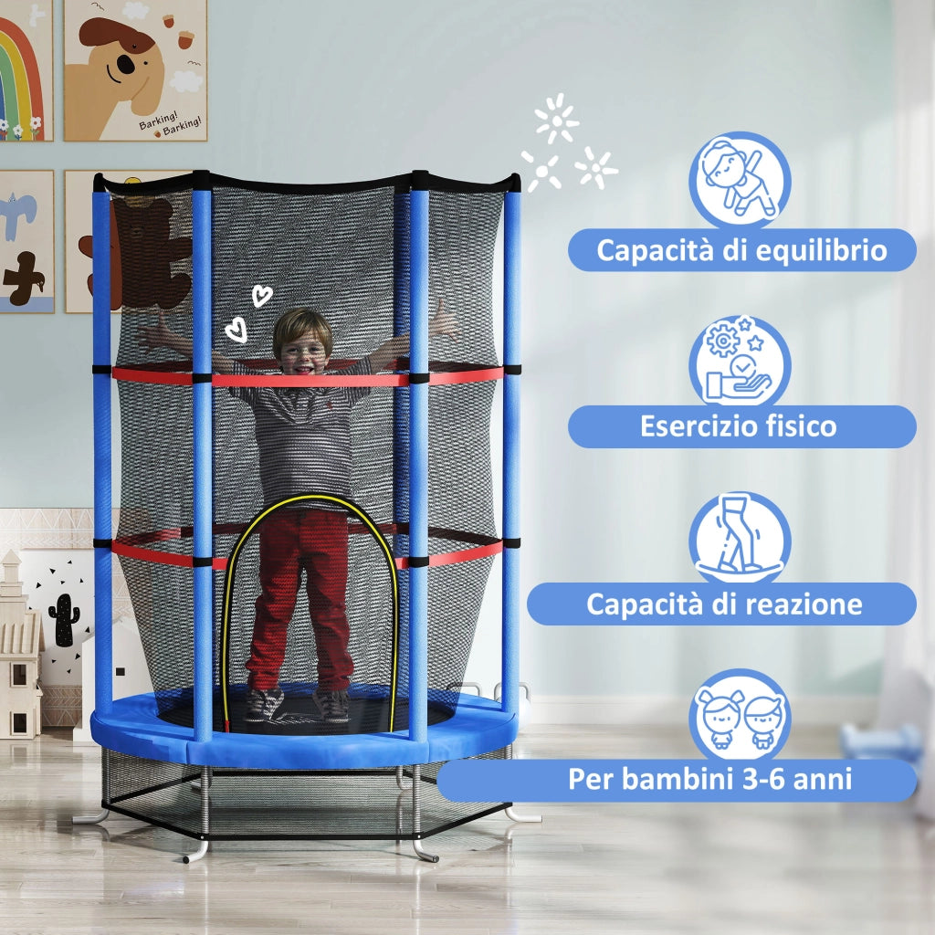 Tappeto Elastico per Bambini 3-6 Anni con Rete di Protezione, 6 Colonne e 3 Ingressi, ?140x190 cm, Blu e Nero