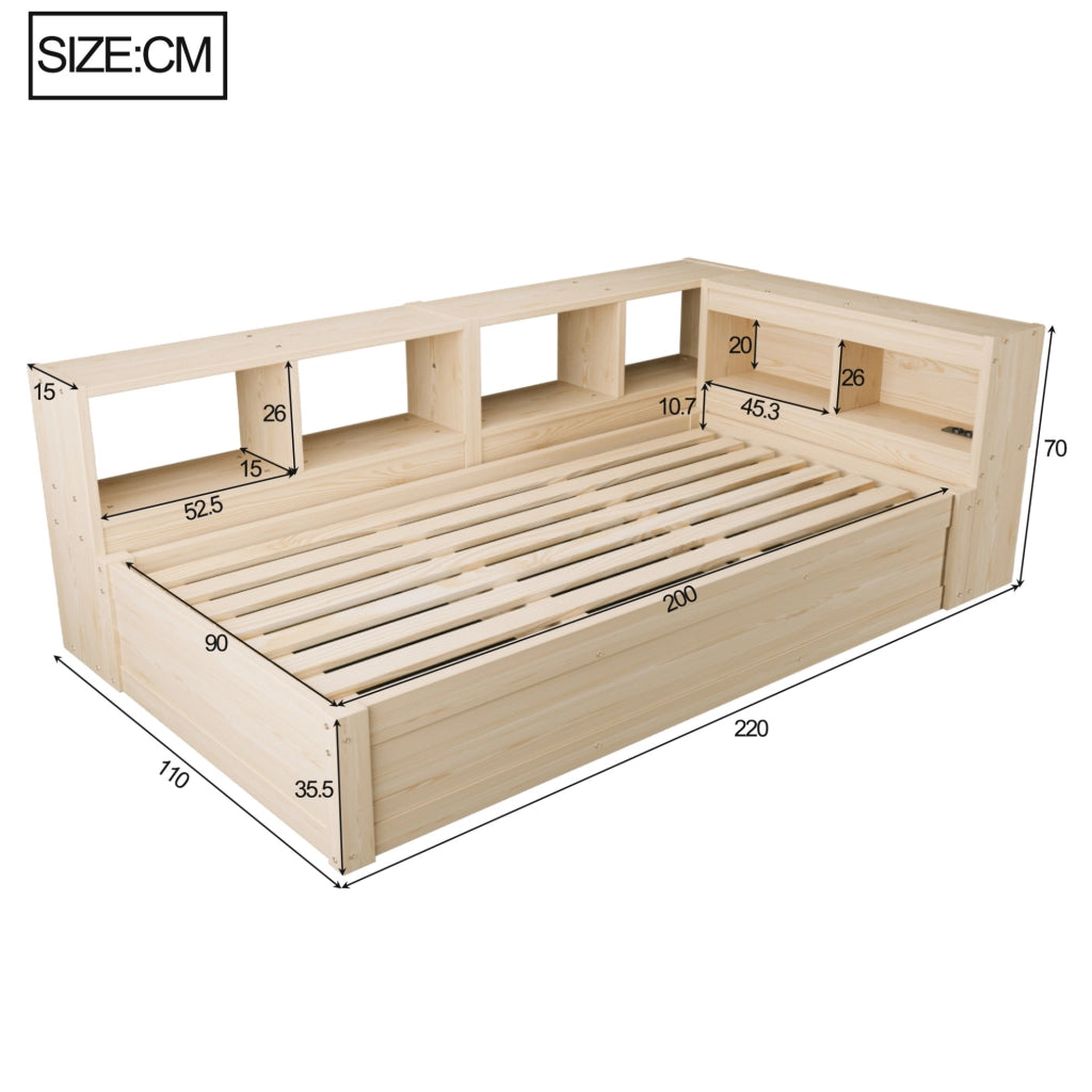 Letto multifunzione 90x200 cm con LED, presa integrata e vani contenitore