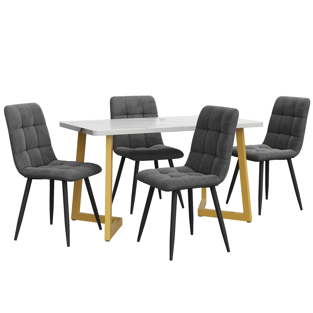Tavolo da Pranzo Allungabile con 4 Sedie ¨C MINIMAL ¨C Rettangolare, Velluto Grigio Scuro, Gambe Dorate