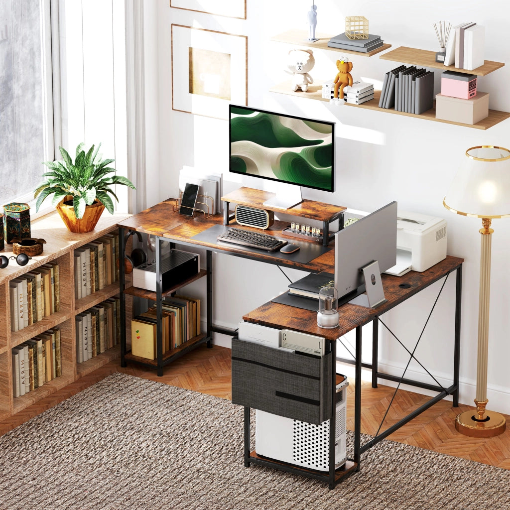 Scrivania angolare a L 168 x 120 cm con vani portaoggetti, borsa portaoggetti, scrivania reversibile per computer con supporto per monitor, scrivania