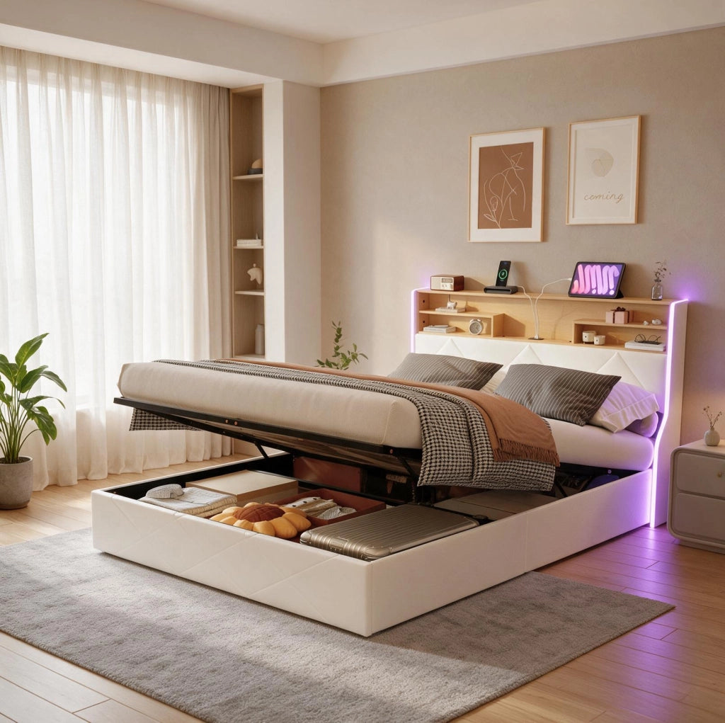 Letto matrimoniale 160x200 cm con contenitore LED USB Type-C testiera rete a doghe struttura letto metallo legno PU -bianco