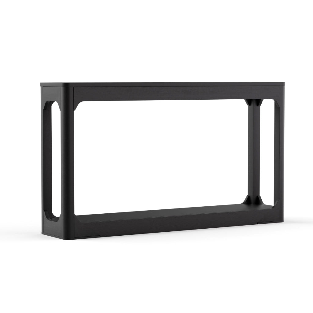 Tavolo consolle nero 140 cm con ripiani aperti, struttura in MDF, design moderno minimalista