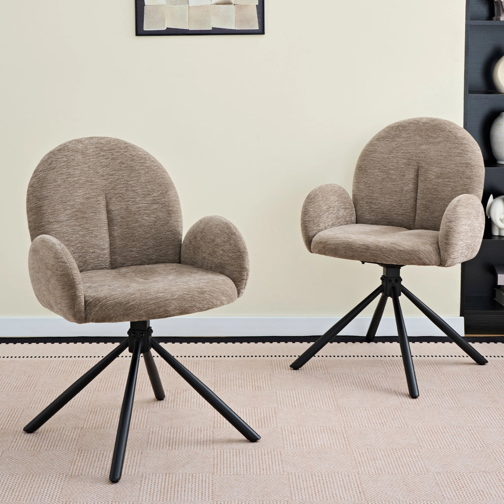 Set di 2 sedie da pranzo girevoli con braccioli, seduta effetto velluto, gambe in metallo nero, colore taupe