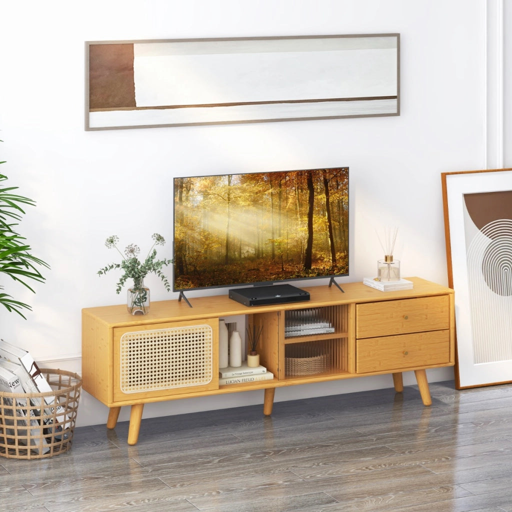Mobile in Bamb¨´ per TV fino a 65 Pollici con porte in vetro e rattan, Tavolino per TV con 2 cassetti Naturale