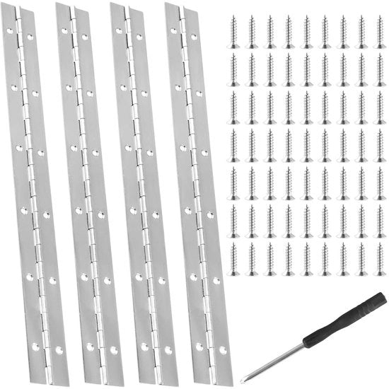 Piano Scharnier Set - 4 Stuks - Acciaio Inossidabile - 300 x 30 mm - Con 48 Viti - Installazione Facile - Duraturo