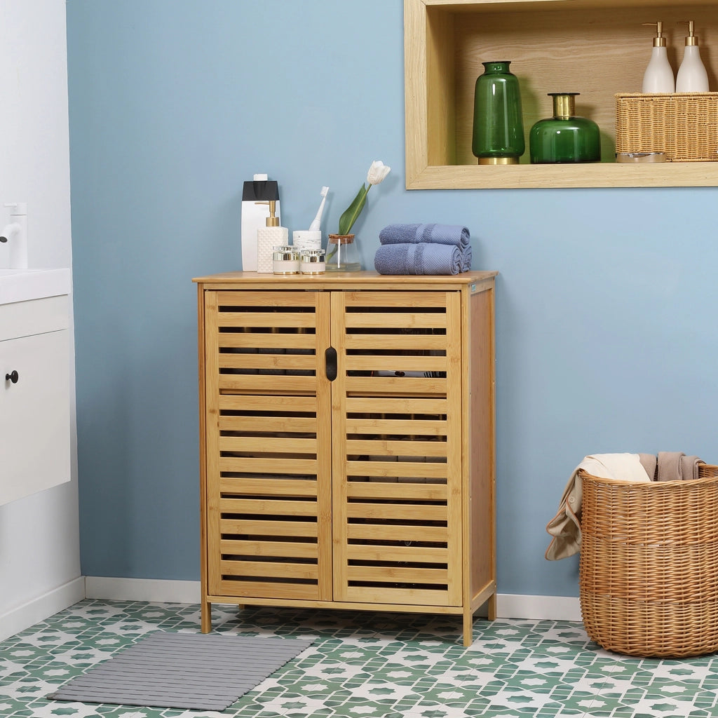 Mobile Bagno Moderno a 2 Ante con 2 Ripiani Ventilati in Bamb¨´, 68x32x86 cm, color Legno