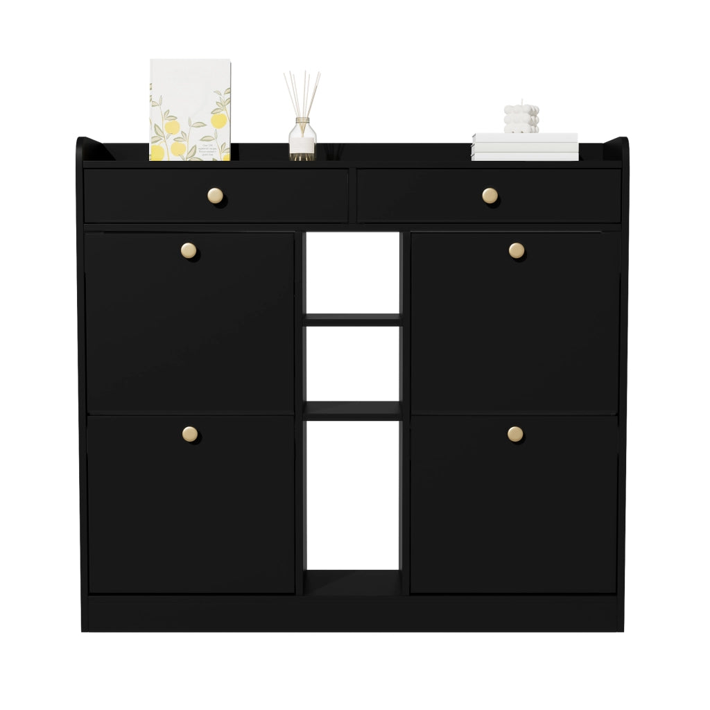 Scarpiera Nera 110×26×100 cm con 4 Ante a Ribalta; 2 Cassetti e 3 Vani Aperti; Mobile Porta Scarpe Salvaspazio