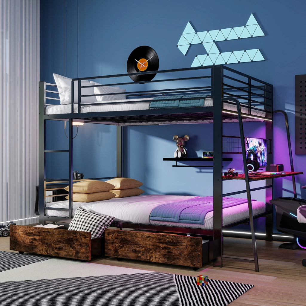 Letto a soppalco 140×200 cm con scrivania; LED regolabile; USB e Type-C; senza materasso; metallo; nero