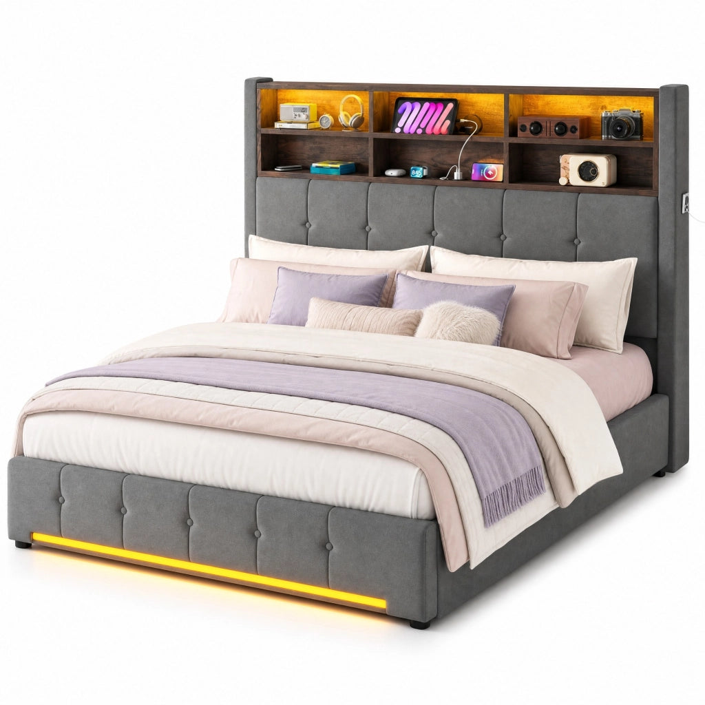 Letto matrimoniale 160x200 cm in velluto grigio scuro con testiera multifunzione, LED, USB-C e contenitore idraulico