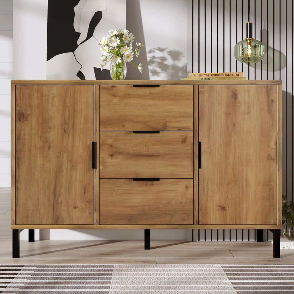 OKWISH Credenza 2 Ante e 3 Cassetti, Ripiano Regolabile, per Camera da Letto e Soggiorno, Legno e Metallo, 120 x 40 x 76 cm
