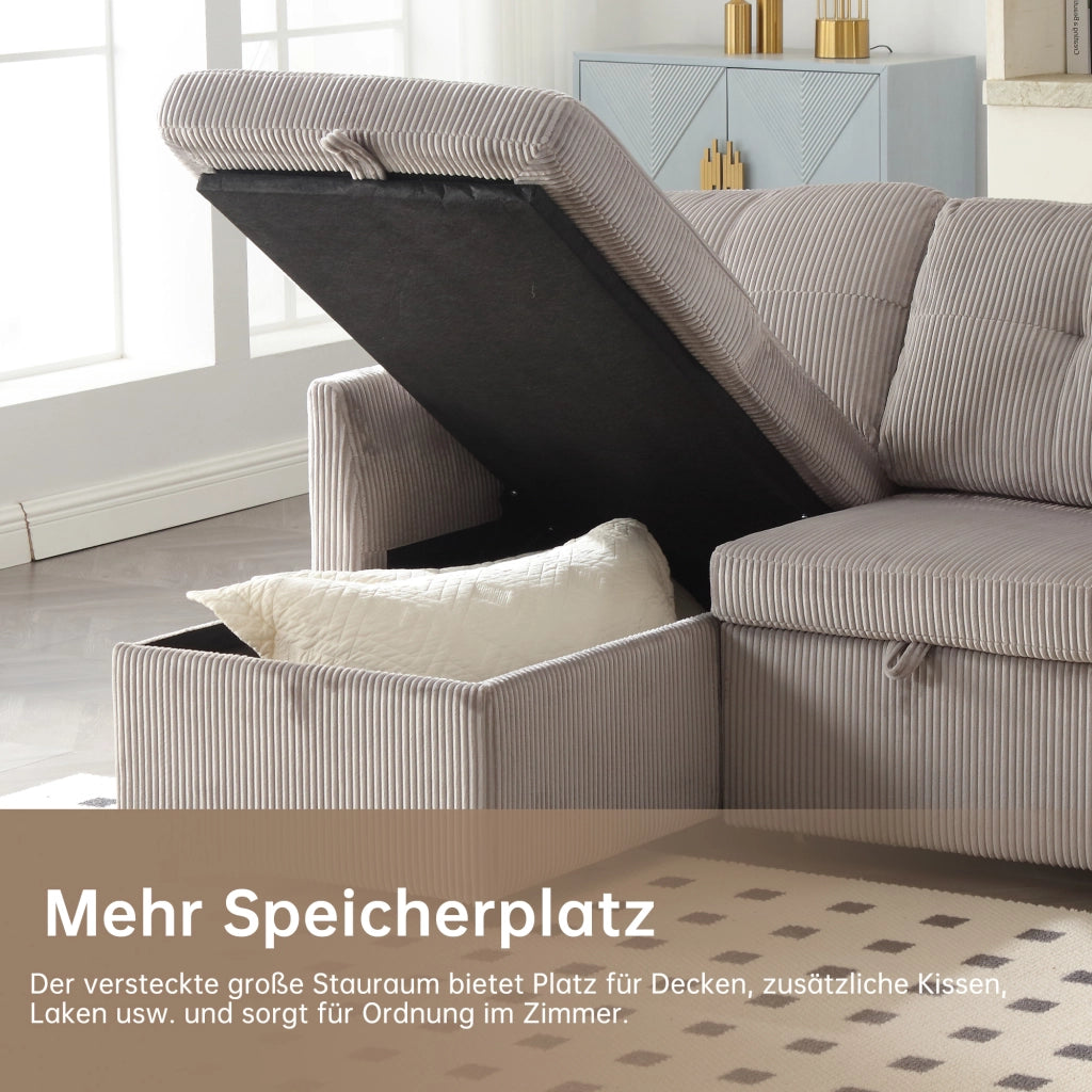 Divano Letto Angolare Reversibile con Contenitore, Corduroy, Grigio Chiaro