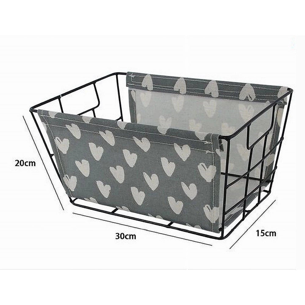 Trade Shop - Cesto Porta Oggetti In Ferro Tessuto Stampa A Cuori Con Manici 30x20x15 Cm 10618 -