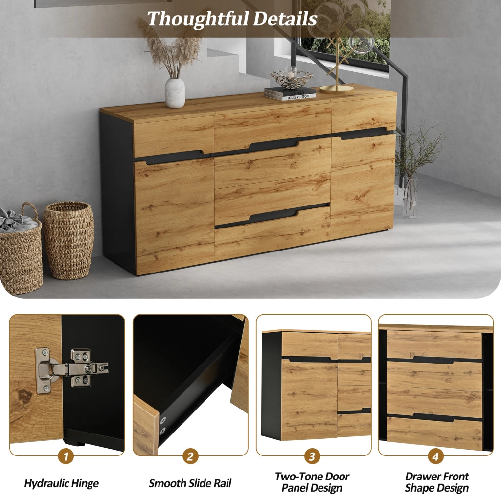 Credenza con 2 ante e 4 cassetti con ripiani e vano contenitore per soggiorno; in truciolare; nero e legno; 160×40×80 cm