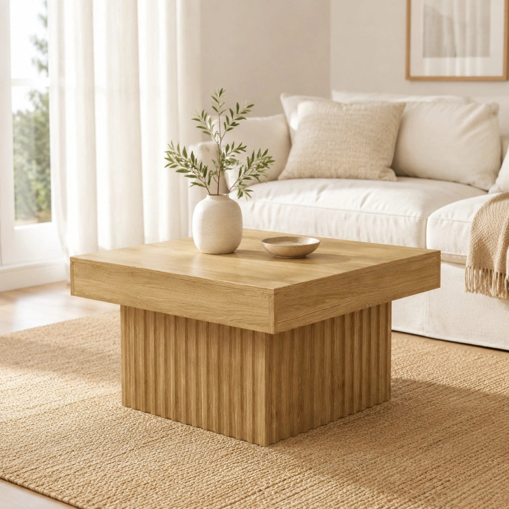 Tavolino quadrato con 1 vano aperto, stile moderno per soggiorno, in MDF e truciolato, naturale, 79 × 79 × 46 cm