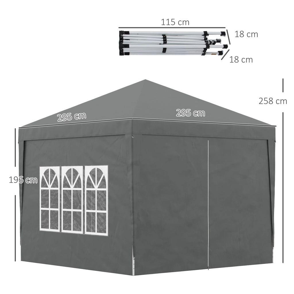 Gazebo da Esterno 3x3 m Pieghevole con 4 Pannelli Laterali. in Acciaio e Tessuto Oxford Grigio