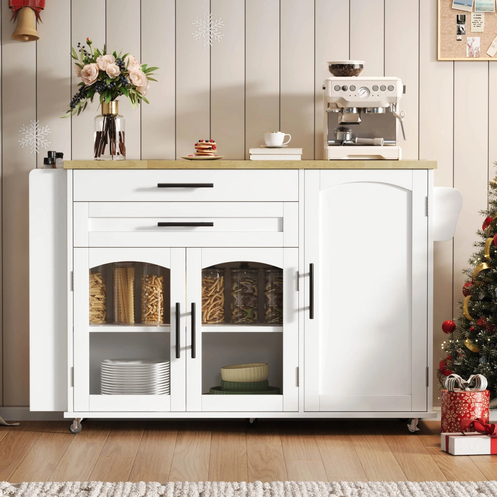 Isola da cucina mobile in MDF naturale e bianco con piano ribaltabile; 120 x 45/70 x 90 cm