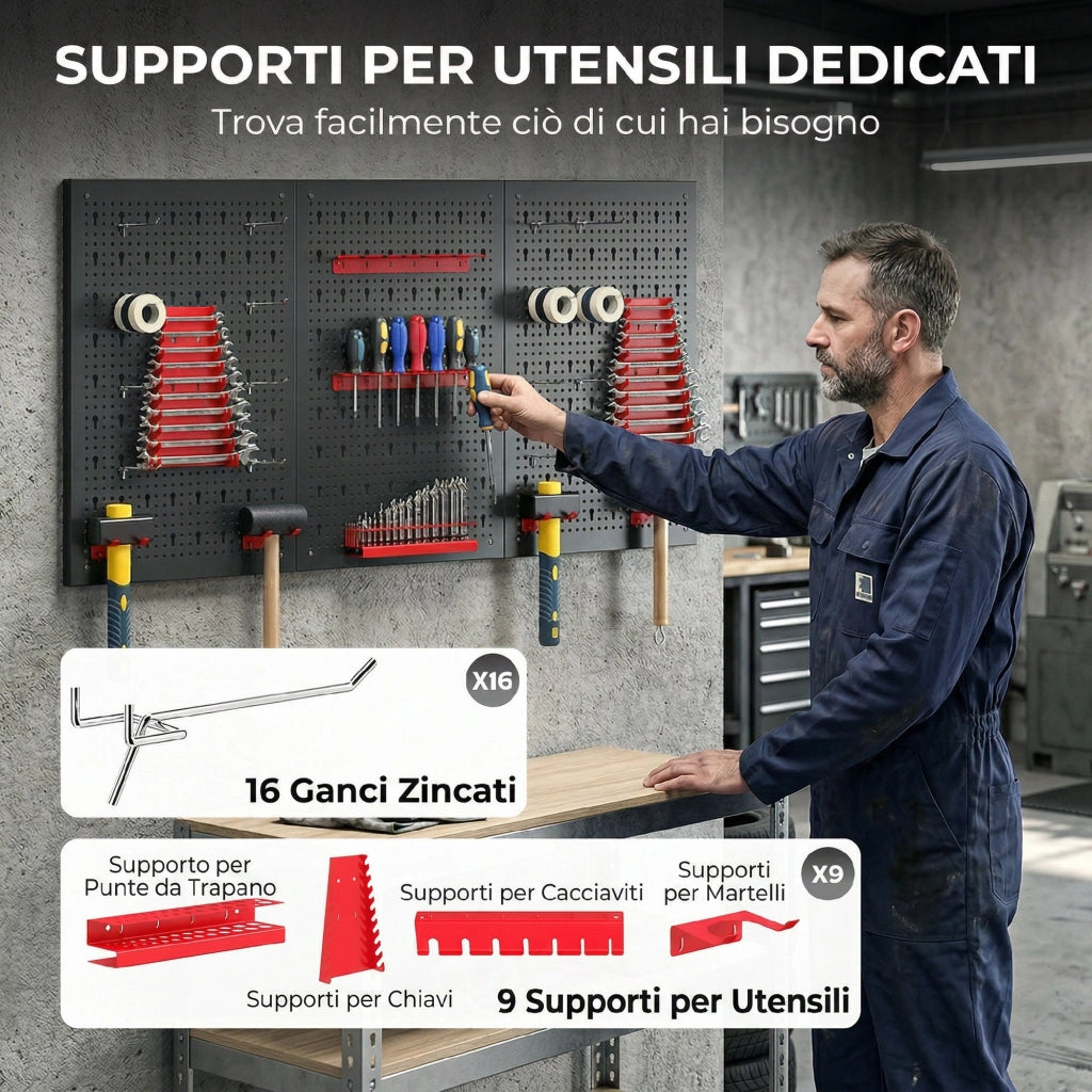 Pannelli Porta Attrezzi da Parete in Acciaio ¨C Zephmum ¨C Nero e Rosso con 9 Supporti e 16 Ganci
