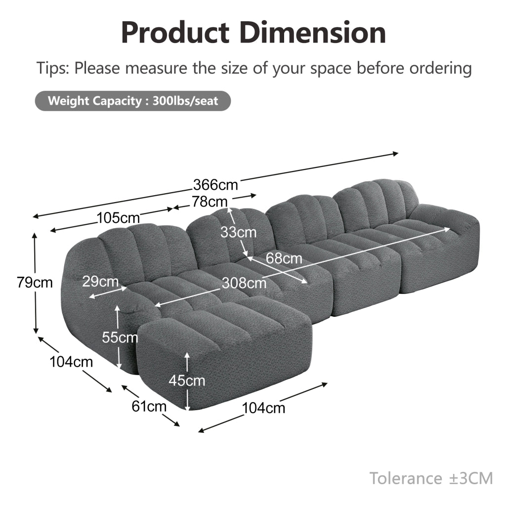 Divano Modulare 4 Posti con Pouf ¨C Xylo ¨C Tessuto Grigio Morbido
