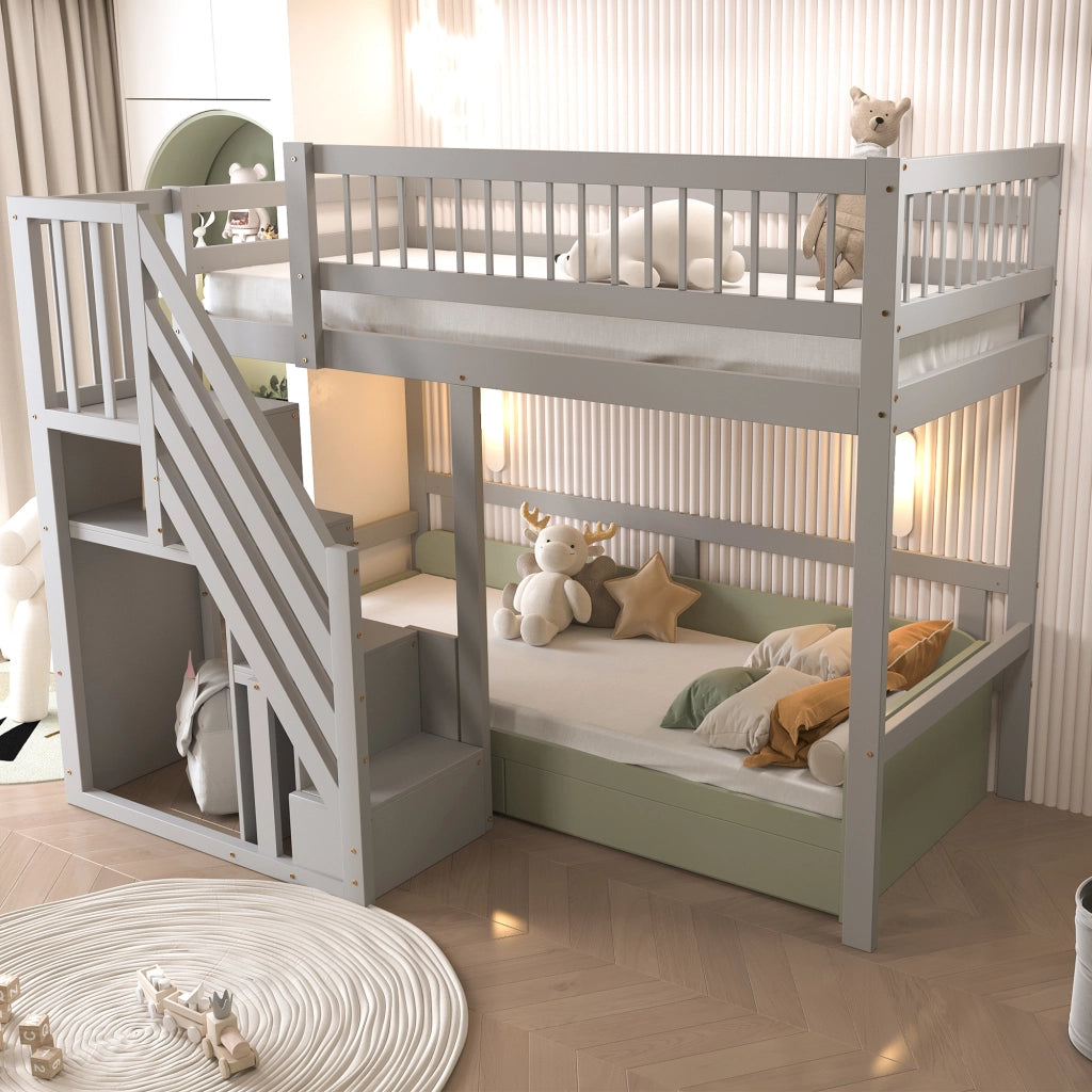 Letto a soppalco in legno massello con scala contenitore e recinzione alta; grigio; 90x200 cm; senza materasso
