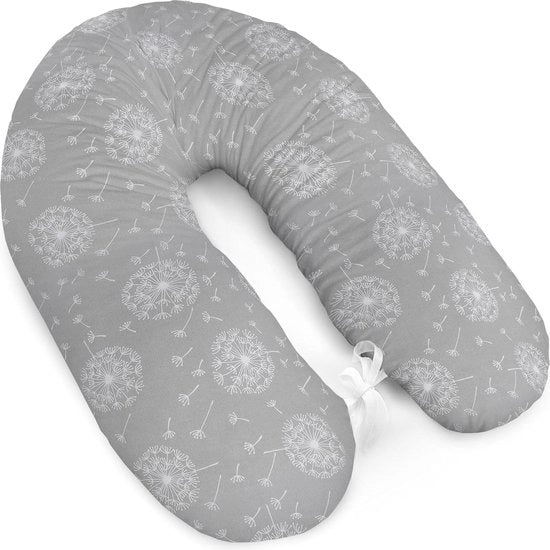 Cuscino per l'allattamento e per il lato - XXL - 170 cm - cuscino per l'allattamento - piccolo - lavabile cotone - copertura con cerniera - grigio e fiori di campo morbidi.