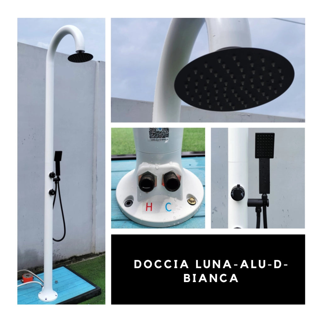 SINED Doccia Bianca In Alluminio Luna Con Doccino Mobile per Acqua Calda e Fredda Soffione Rotondo Doppio Attacco Inferiore e Laterale Ugelli Anticalcare LUNA ALU D BIANCA