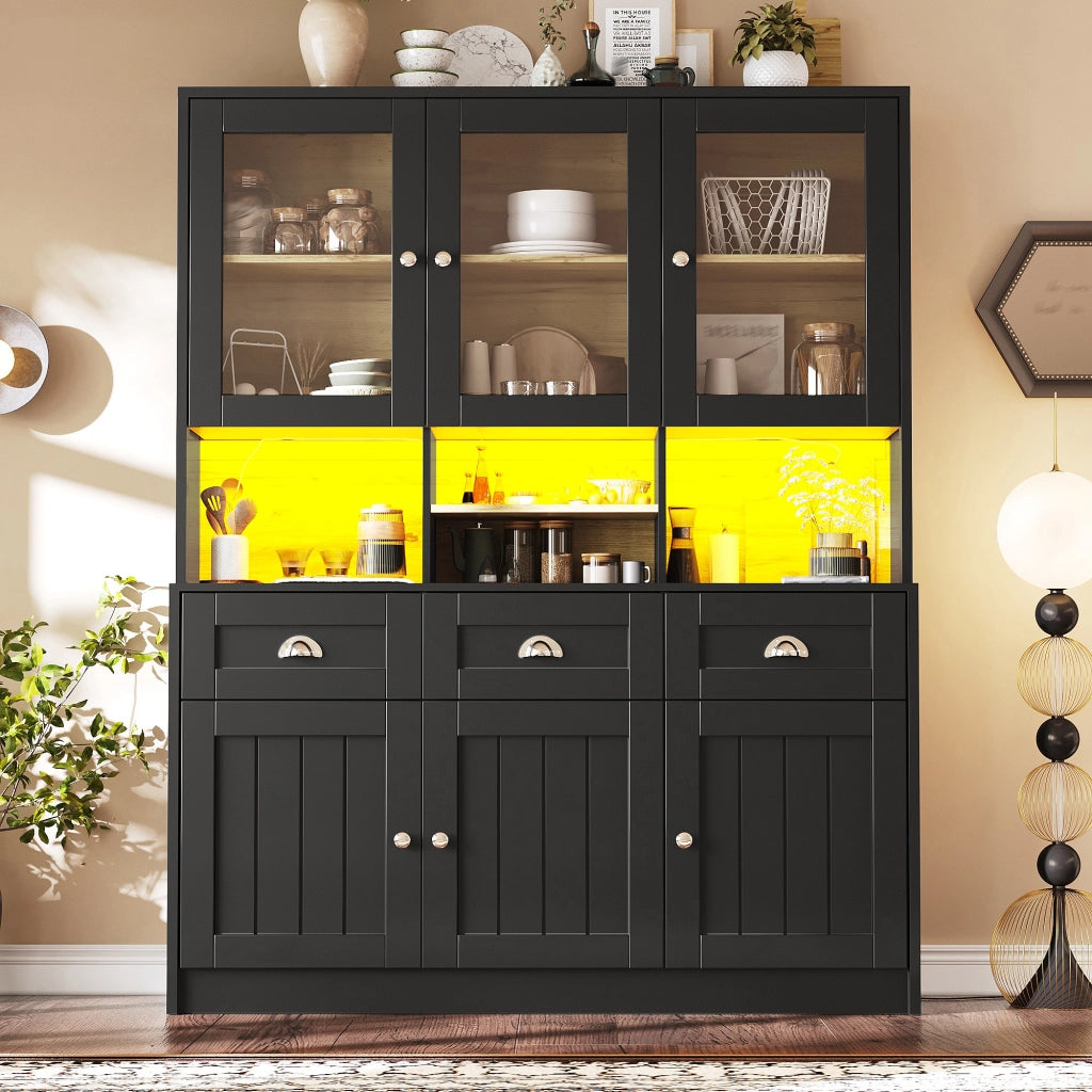 Credenza alta vetrata con LED; 3 cassetti; 6 ante e ripiani regolabili per cucina; 140 × 40 × 175 cm