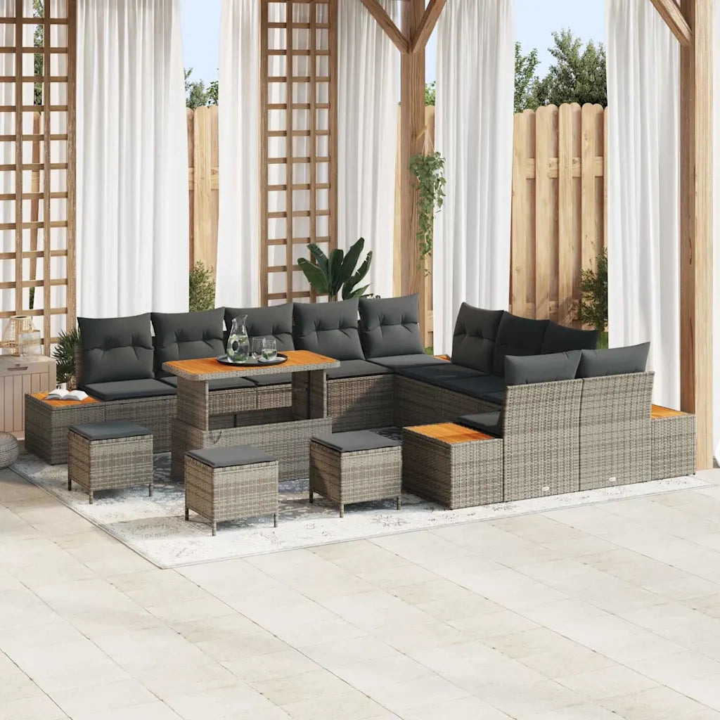 Set Divano da Giardino con cuscino 14 pcs Grigio Poly Rattan