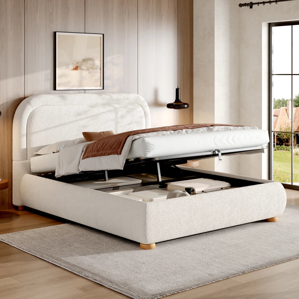 DESMIU Lit coffre 160 × 200 cm 2 posti con contenitore idraulico, senza materasso, in bouclé bianco