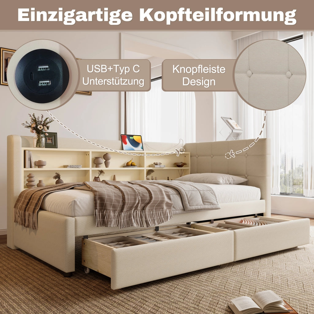Letto a giorno con 2 cassetti; porta USB e Tipo-C; ripiani e doghe; lino beige; 90x200 cm; senza materasso
