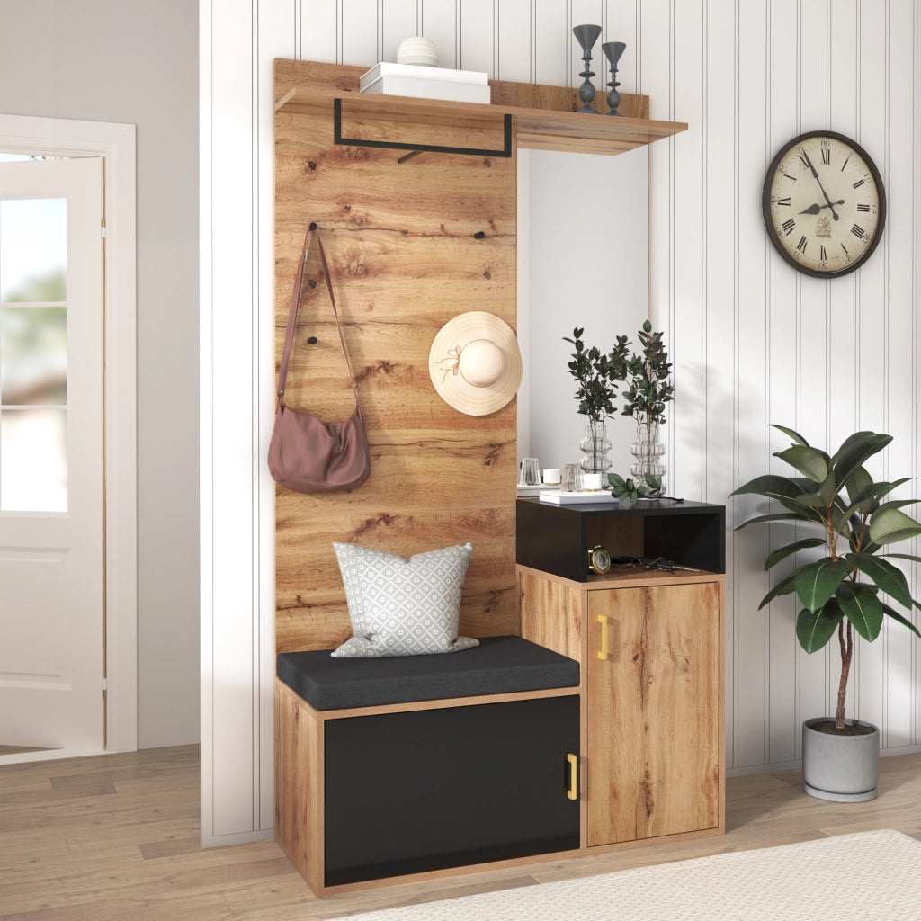 ARMADIO INGRESSO Set da 2 pezzi con specchio 105x40x191,5 cm Nero/Legno