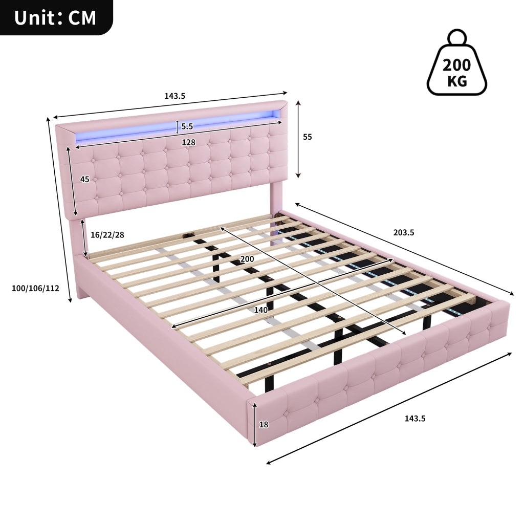 Letto Imbottito con LED e Testiera Regolabile ¨C MINIMAL ¨C Rosa 140x200