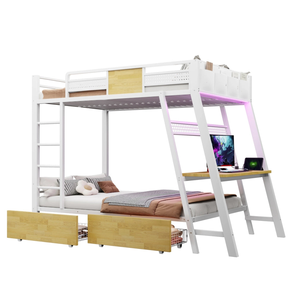 Letto a castello in metallo 90x200 cm con scrivania, LED e prese