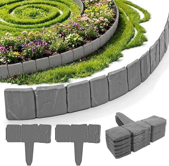 Pavimentazione in plastica per giardini - 20 pezzi - 5 m - Contenitore per piante - Perimetro - Aspetto di pietra - Flessibile e duraturo - Contenitore per piante