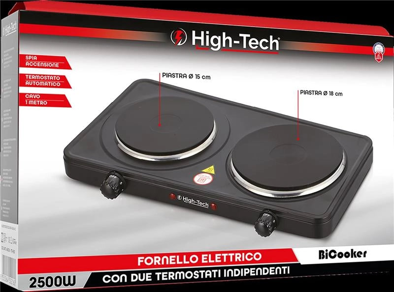 HIGH TECH FORNELLO ELETTRICO PIASTRA DOPPIA TERMOSTATI AUTOMATICI INDIPENDENTI 18CM+15CM CAVO 1 MT 2500W