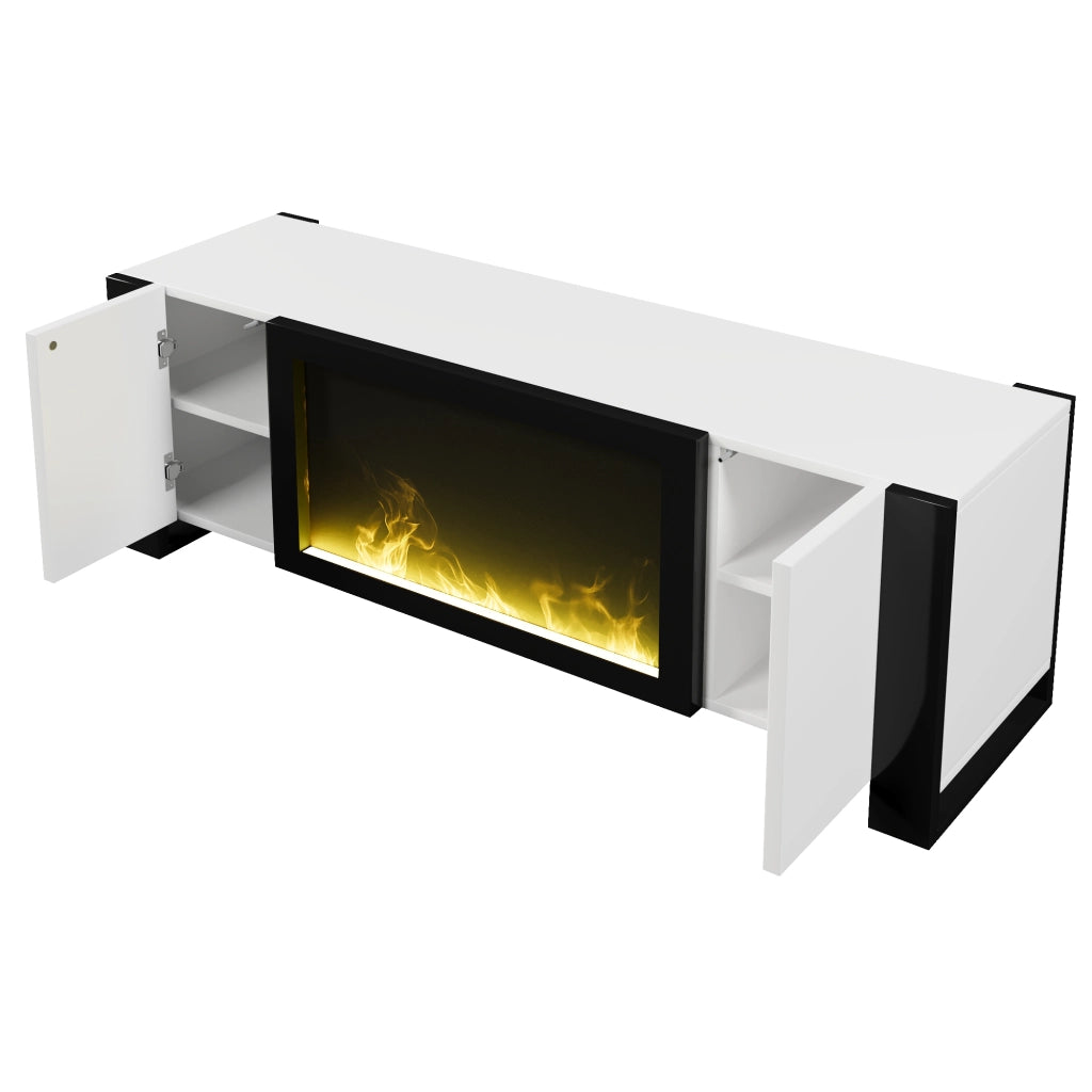 OKWISH Mobile TV con 2 Ante e Ripiani, Camino Elettrico con Effetto Fiamma senza Riscaldamento, per Soggiorno, 165 x 32 x 55 cm