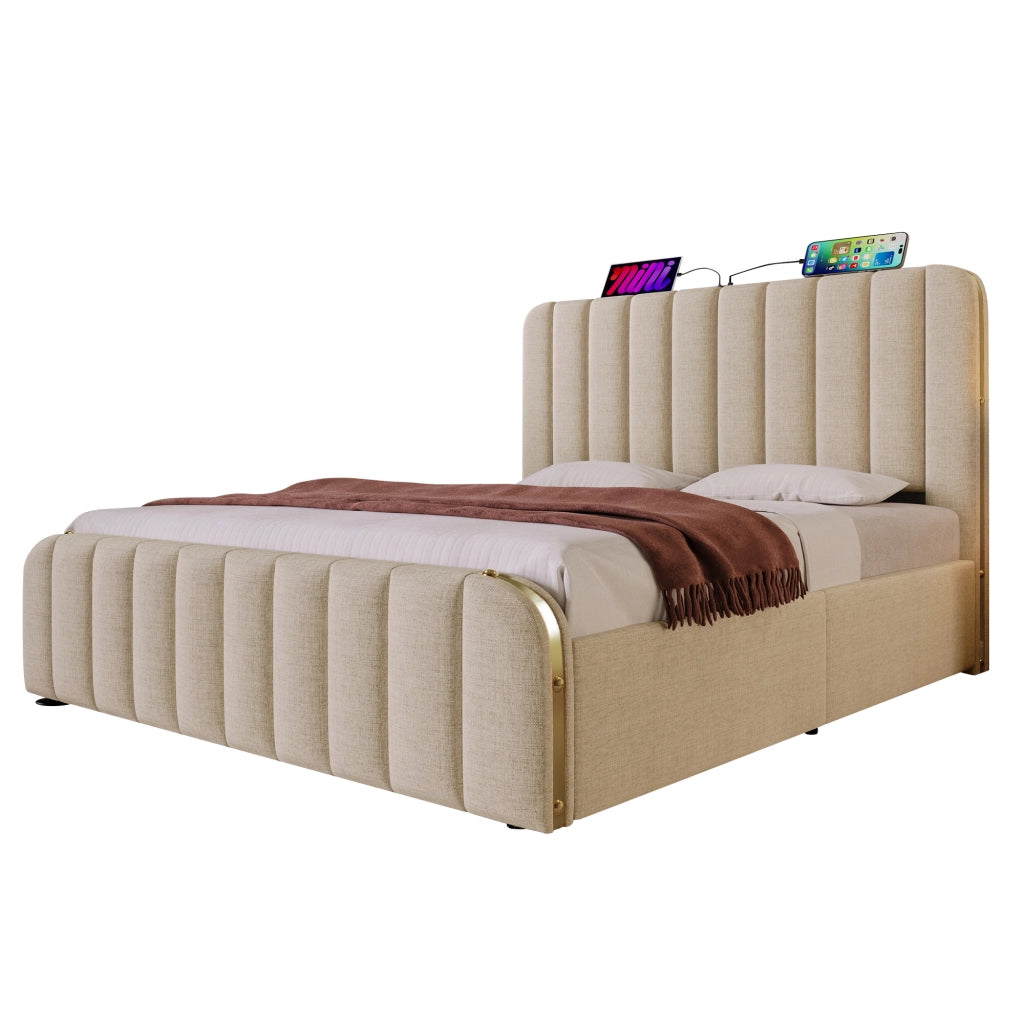 letto imbottito lino beige 140 x 200 cm