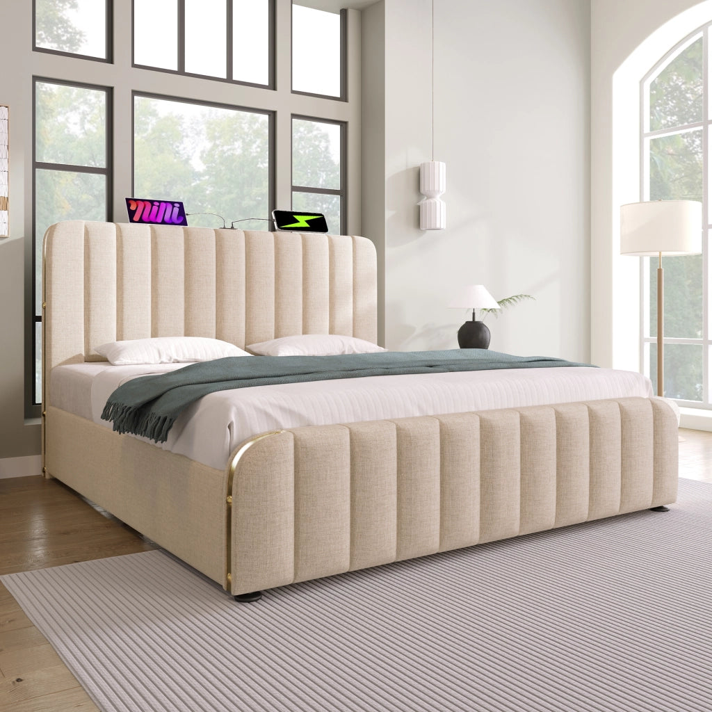 letto imbottito lino beige 160 x 200 cm