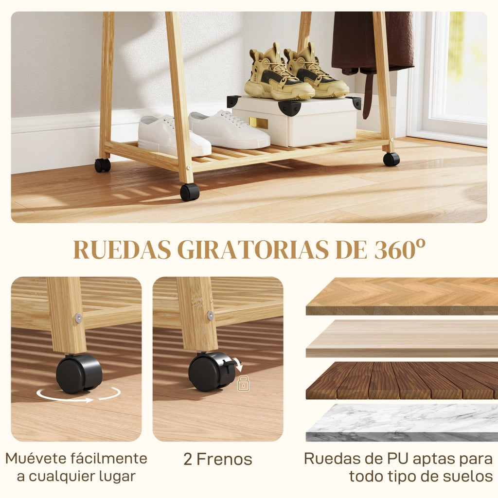 Appendiabiti con Ruote in Bamb¨´ ¨C Xylo ¨C 2 Ripiani, 2 Ganci, 84,5x43,5x158 cm, Naturale