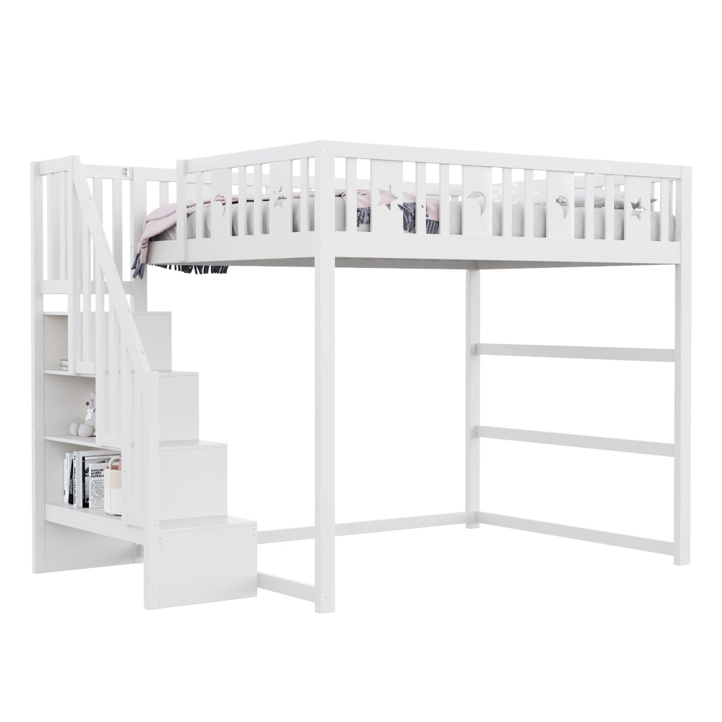 LETTO A CASTELLO 140x200 con scala, legno massello, bianco