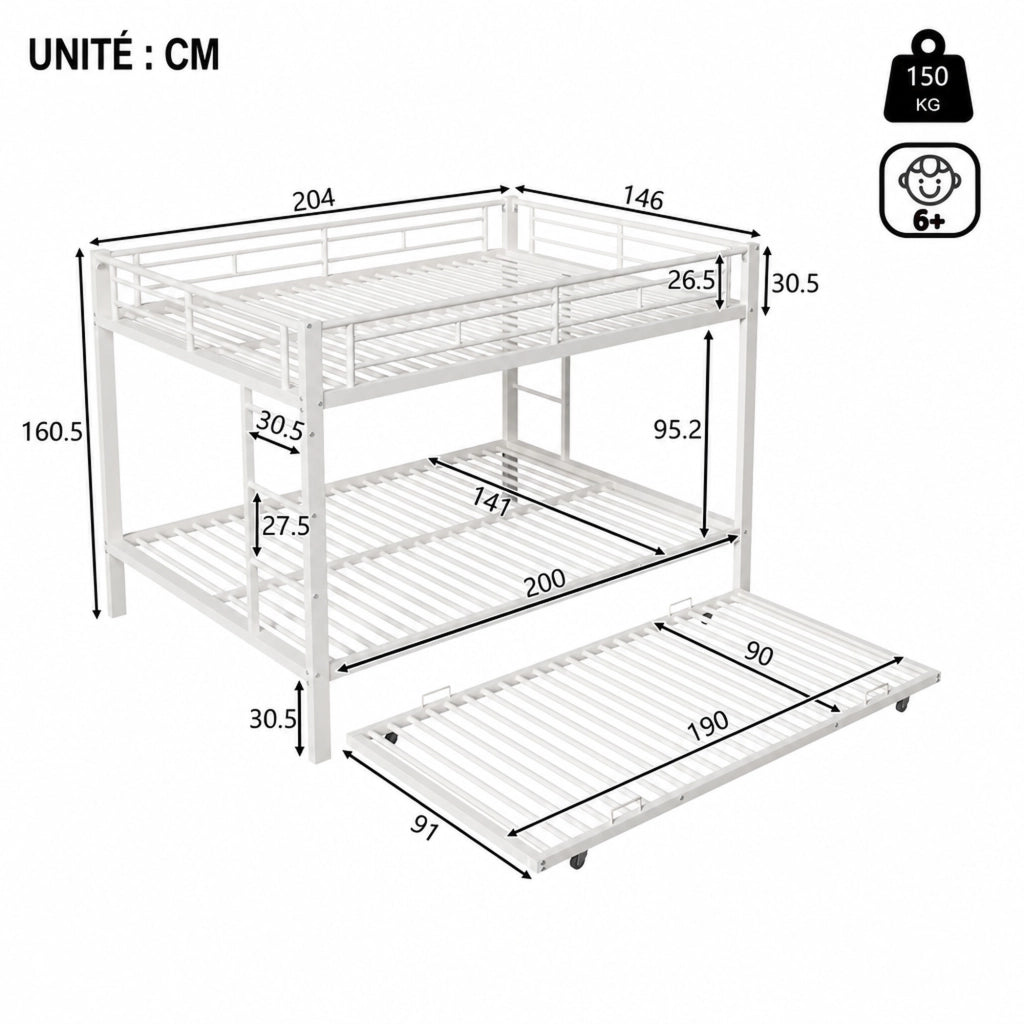 DESMIU Litto a castello 140 × 200 cm 2 posti con letto estraibile, senza materasso, in metallo, bianco