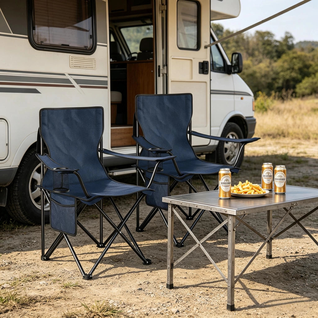 Set di 2 sedie pieghevoli da campeggio con portabicchieri e tasca laterale in tessuto oxford blu navy