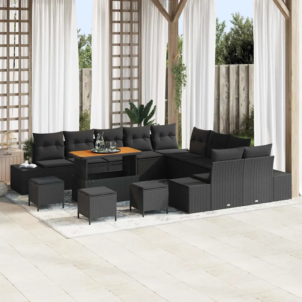 Set Divano da Giardino con cuscino 14 pcs Nero Poly Rattan