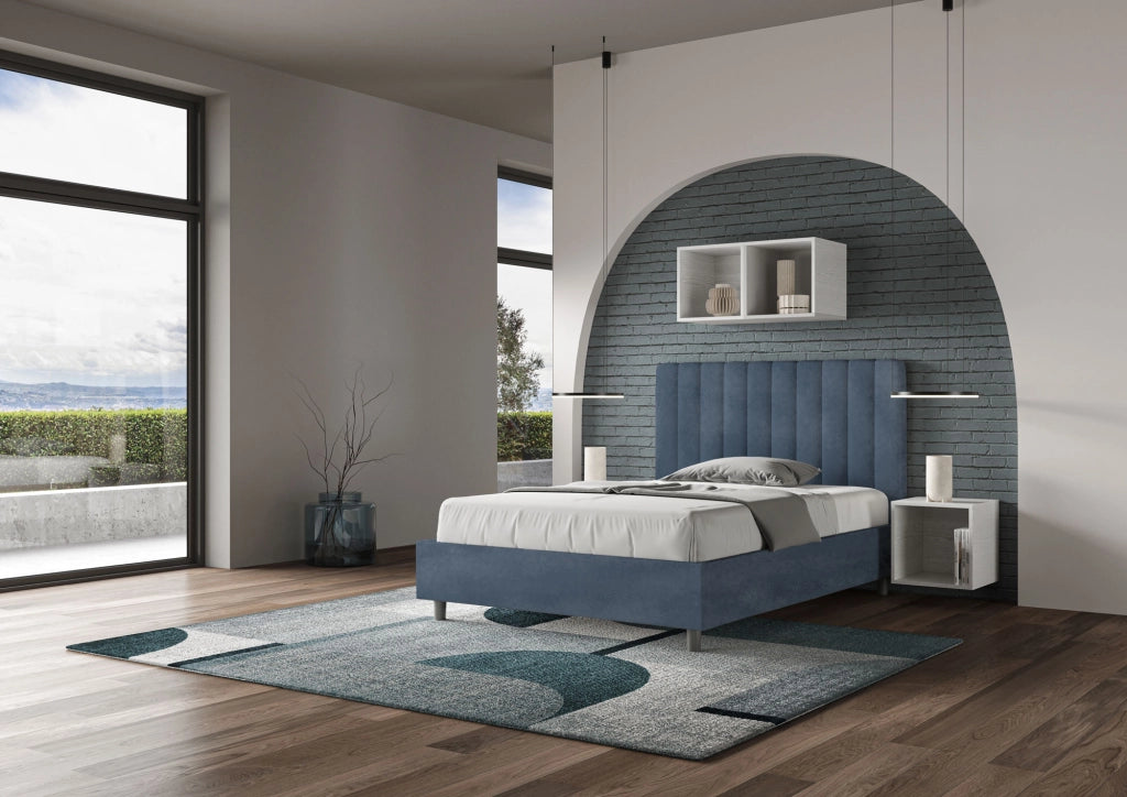 BS COM Letto una piazza e mezza contenitore imbottito 120x200 microfibra blu