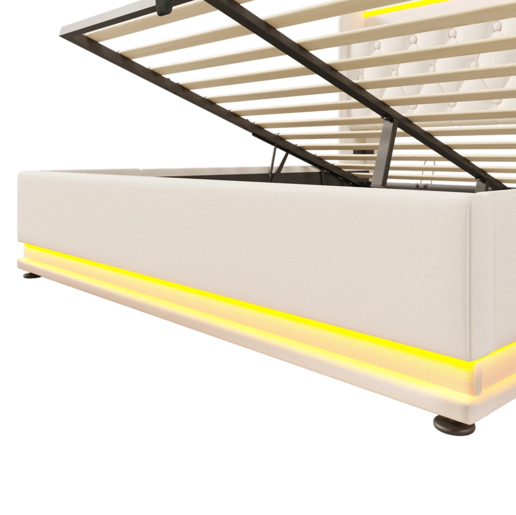 Letto matrimoniale imbottito con LED 360°, testiera con USB e contenitore idraulico