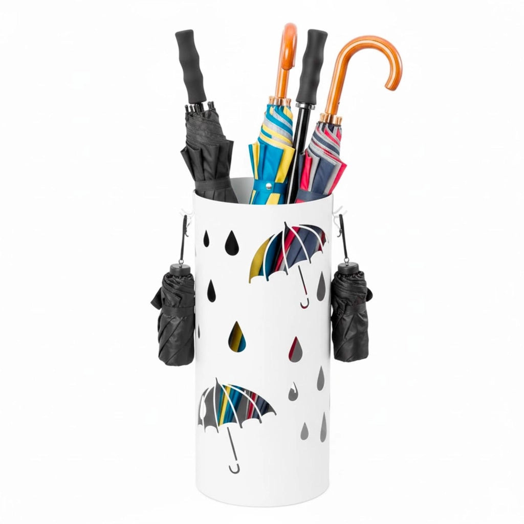 Portaombrelli Rotondo In Acciaio Zincato Dotato Di Vaschetta Scolapioggia E 4 Ganci Removibili Base Antiscivolo Design Moderno Per Ingresso Casa E Ufficio 41 X 17 Cm Bianco
