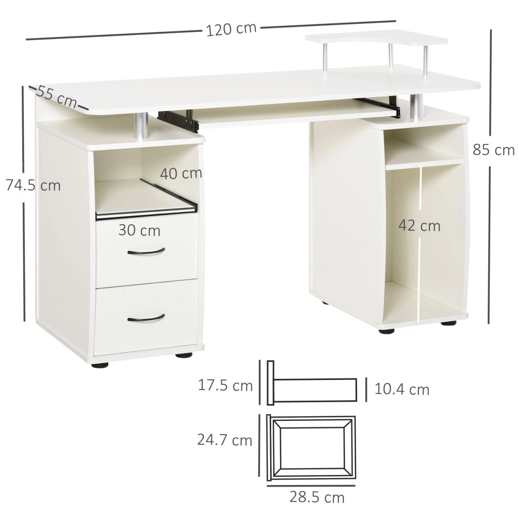 Scrivania per Computer con Ripiano Monitor e 2 Cassetti ¨C Xylo ¨C Bianca 120x55x85 cm