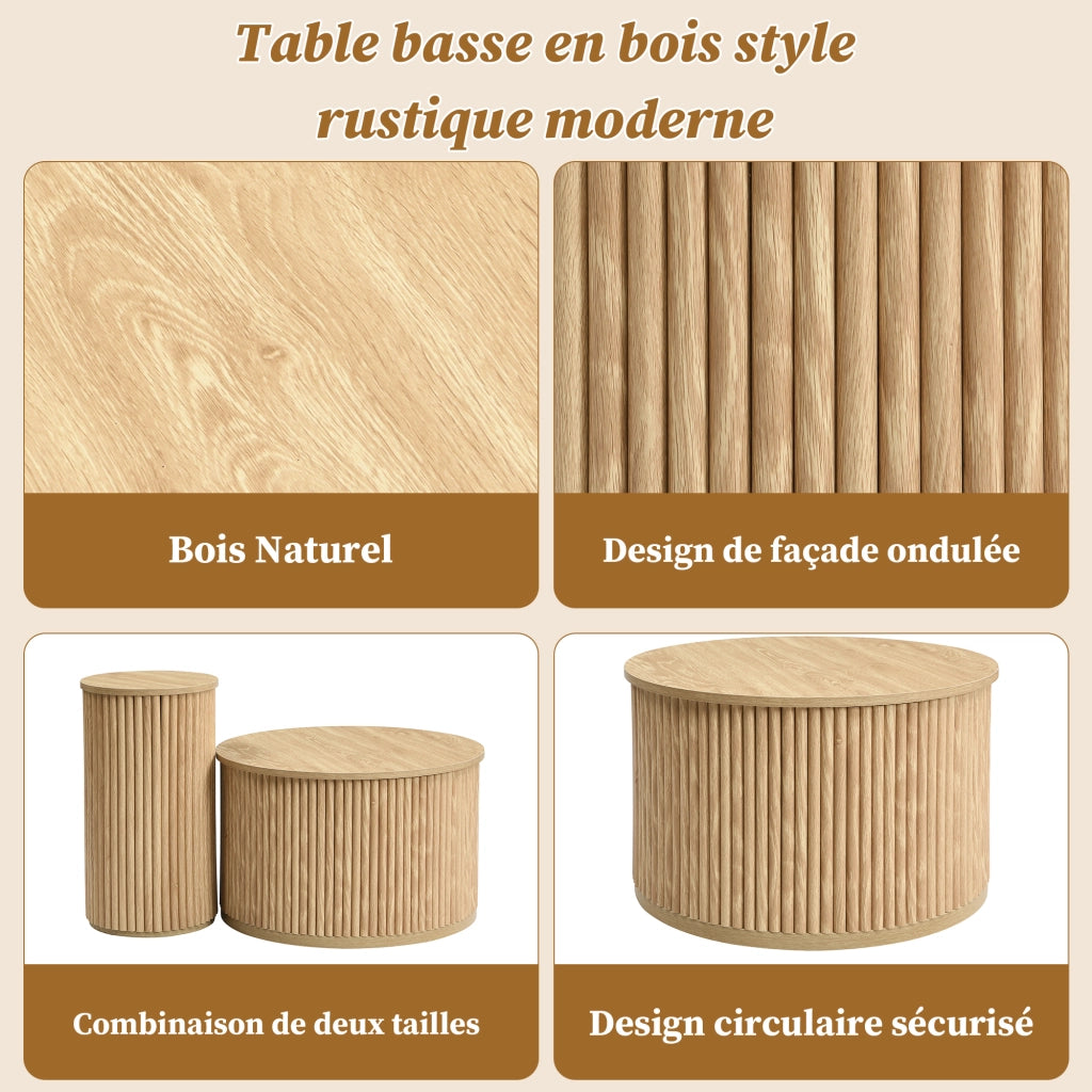 Tavolino da Caffè Rotondo 2 Pezzi con Struttura di Archiviazione, Stile Moderno, per Salotto, MDF, Naturale