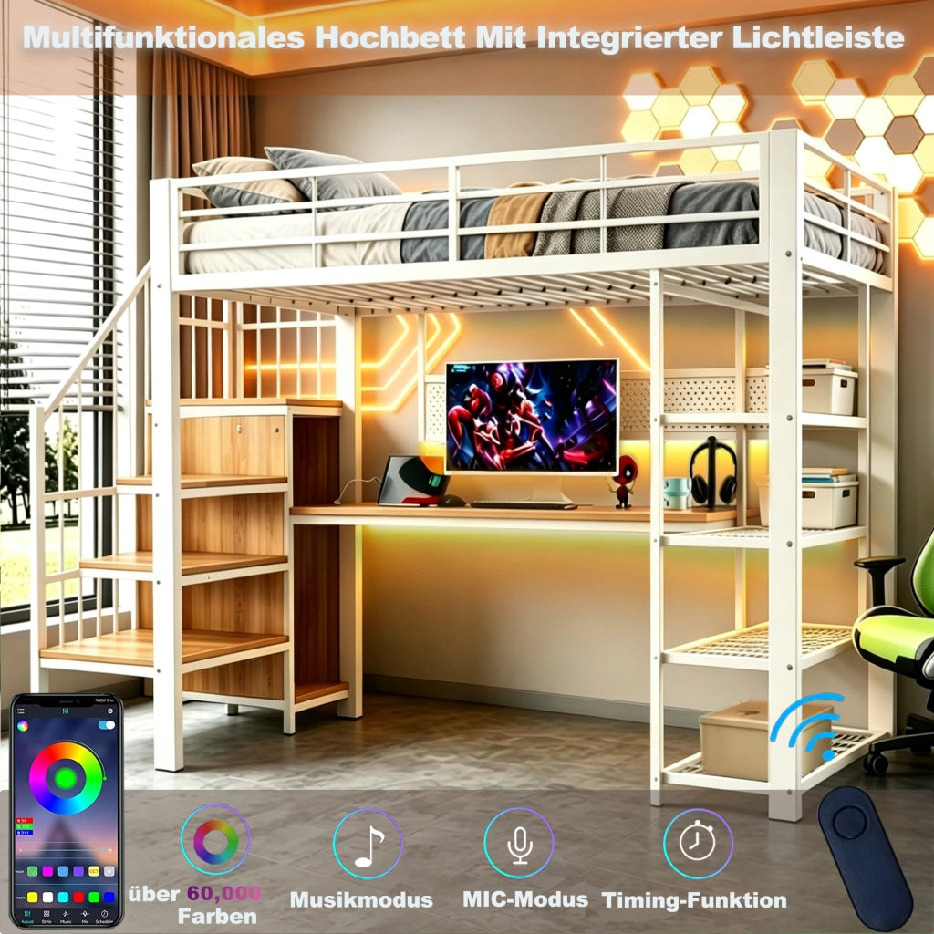 DESMIU Lit soppalco 90 × 200 cm 1 posto con scala contenitore, LED, prese, ripiani, senza materasso, in metallo e legno, bianco