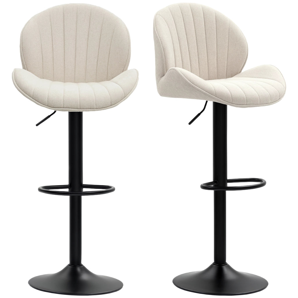 Set 2 Sgabelli da Bar a Conchiglia con Poggiapiedi. in Tessuto Effetto Ciniglia. 48x50x94-115 cm. Nero e Beige