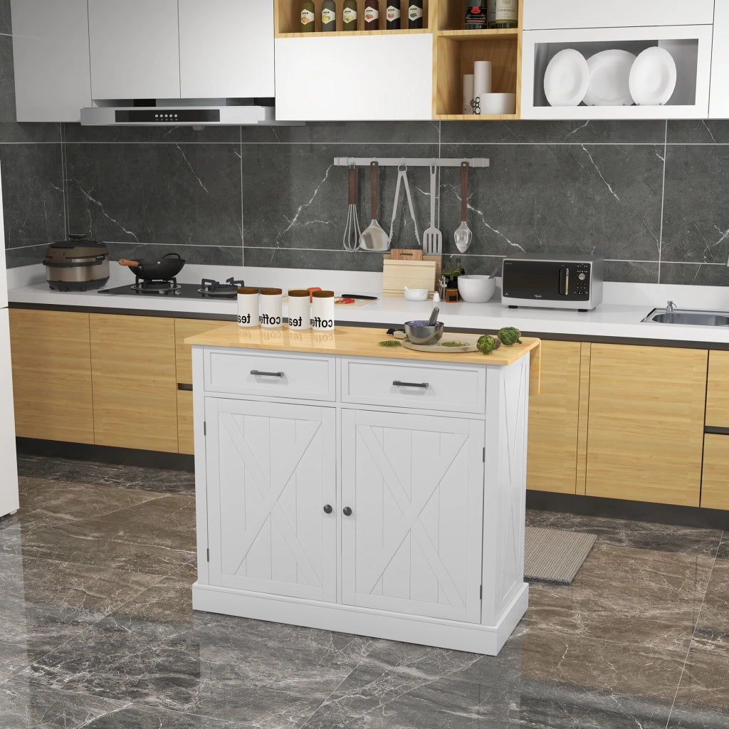 Carrello Cucina Isola con Piano Lavoro Pieghevole ¨C Xylo ¨C 2 Ante 2 Cassetti Ripiano 4 Ruote 105x60x90,5cm Bianco